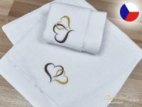 Luxusní ručník s výšivkou bílý 450g Srdce hnědá/zlatá