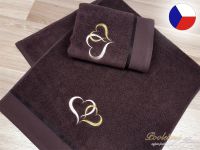 Luxusní ručník s výšivkou hnědý 450g Srdce béžová/zlatá