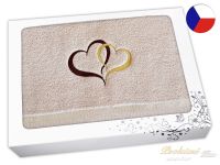 Luxusní dárková balení ručníku s výšivkou béžová Srdce hnědá/zlatá