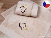 Luxusní ručník s výšivkou béžový 450g Srdce hnědá/zlatá