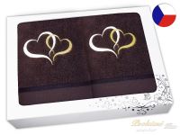 Luxusní dárková sada ručníků s výšivkou hnědá Srdce bílá/zlatá