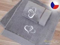 Luxusní ručník s výšivkou šedý 450g Srdce bílá/stříbrná